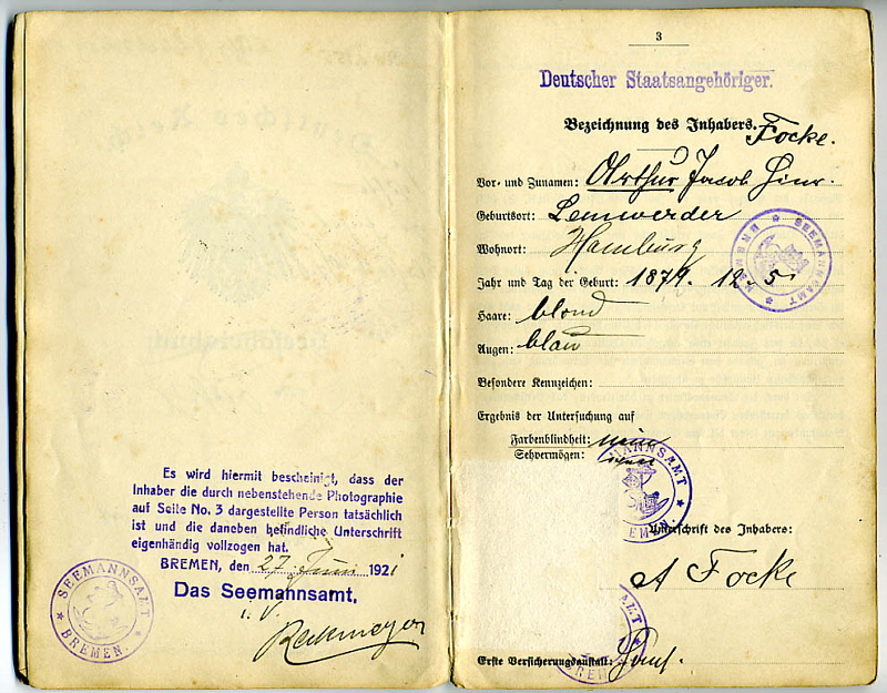 Arthur Focke Drittes Seefahrtsbuch