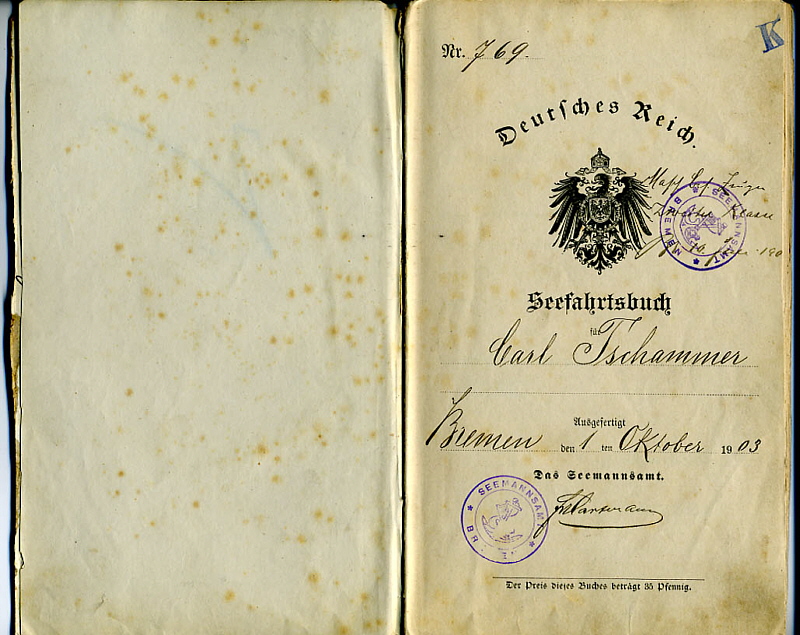 Seefahrtsbuch Carl Tschammer