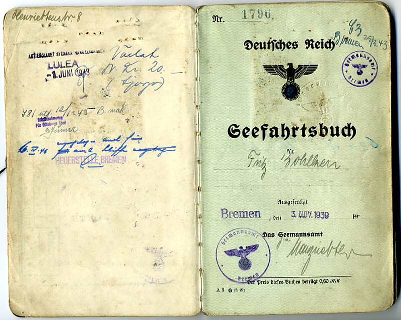 Seefahrtsbuch Fritz Bohlken - Deutsches Reich