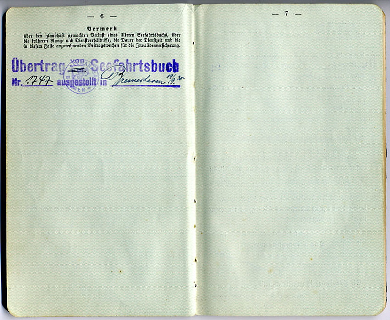 Seefahrtsbuch Hellmut Beier - Vermerk