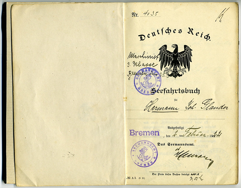 Seefahrtsbuch Hermann Glander