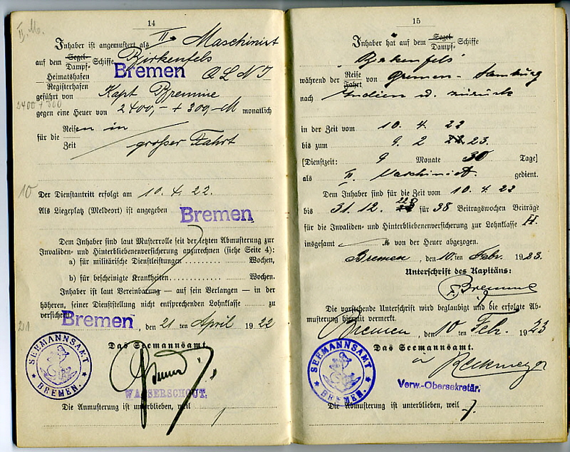 Seefahrtsbuch Wilhelm Meyer - BIRKENFELS